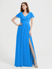 Mancherons Longue Mousseline Robes Avec Fente Bleu Océan