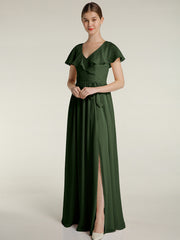 Mancherons Longue Mousseline Robes Avec Fente Olive Verte Grande Taille