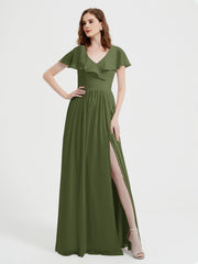 Mancherons Longue Mousseline Robes Avec Fente Olive Verte Grande Taille