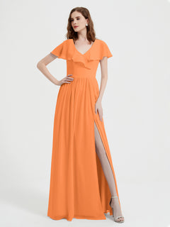 Mancherons Longue Mousseline Robes Avec Fente Orange