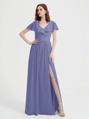 Mancherons Longue Mousseline Robes Avec Fente Pervenche