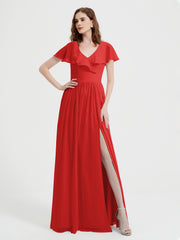 Mancherons Longue Mousseline Robes Avec Fente Rouge