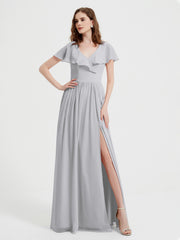 Mancherons Longue Mousseline Robes Avec Fente Argent