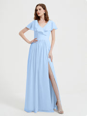 Mancherons Longue Mousseline Robes Avec Fente Bleu Ciel