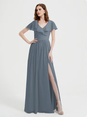 Mancherons Longue Mousseline Robes Avec Fente Bleu de Schiste