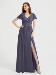 Mancherons Longue Mousseline Robes Avec Fente Orageux