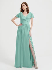 Mancherons Longue Mousseline Robes Avec Fente Turquoise