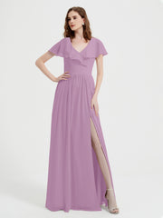 Mancherons Longue Mousseline Robes Avec Fente Glycine