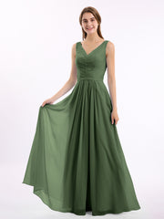 Col en V Mousseline Longue Robe de Demoiselles d'honneur Olive Verte