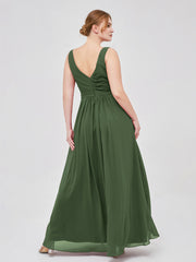 Col en V Mousseline Longue Robe de Demoiselles d'honneur Olive Verte Grande Taille