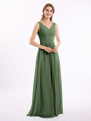 Col en V Mousseline Longue Robe de Demoiselles d'honneur Olive Verte