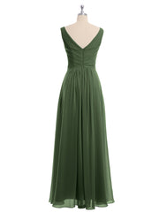Col en V Mousseline Longue Robe de Demoiselles d'honneur Olive Verte
