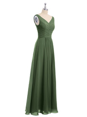 Col en V Mousseline Longue Robe de Demoiselles d'honneur Olive Verte
