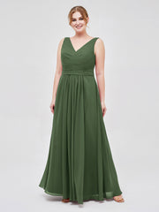 Col en V Mousseline Longue Robe de Demoiselles d'honneur Olive Verte Grande Taille