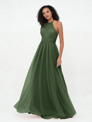 Boho Robes Maxi en Tulle Illusion à Licou Olive Verte Grande Taille