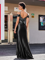 Robe Sirène en Satin Extensible à Hors de l'Épaule Noir Grande Taille