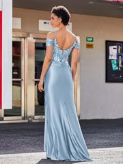Robe Sirène en Satin Extensible à Hors de l'Épaule Bleu Poudré