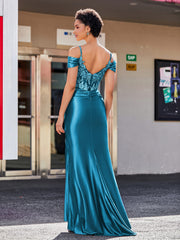 Robe Sirène en Satin Extensible à Hors de l'Épaule Bleu Encre