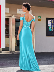 Robe Sirène en Satin Extensible à Hors de l'Épaule Jade Grande Taille