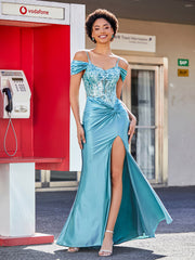Robe Sirène en Satin Extensible à Hors de l'Épaule Teal