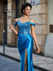 Robe Sirène en Satin Extensible à Hors de l'Épaule Bleu Océan