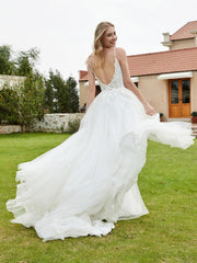 Robe de Mariée Appliquée à Col en V Plongeant en Dentelle Ivoire