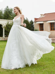 Robe de Mariée Appliquée à Col en V Plongeant en Dentelle Champagne