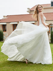 Robe de Mariée Appliquée à Col en V Plongeant en Dentelle Champagne