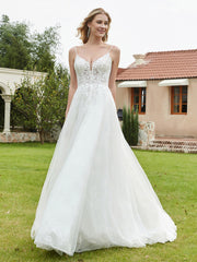 Robe de Mariée Appliquée à Col en V Plongeant en Dentelle Champagne