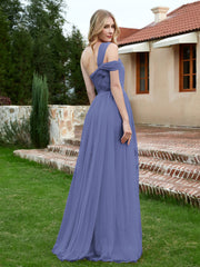 Robe Plissée en Tulle Sans Manches à Une Épaule Pervenche