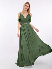 Bretelle Spaghetti Mousseline Robe avec Col en V Olive Verte Grande Taille