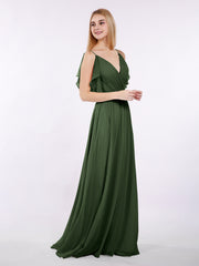 Bretelle Spaghetti Mousseline Robe avec Col en V Olive Verte Grande Taille