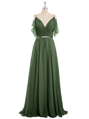 Bretelle Spaghetti Mousseline Robe avec Col en V Olive Verte Grande Taille