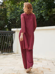Pantsuit Chic en Mousseline Top en Dentelle avec Veste Bordeaux