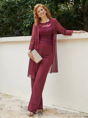 Pantsuit Chic en Mousseline Top en Dentelle avec Veste Bordeaux