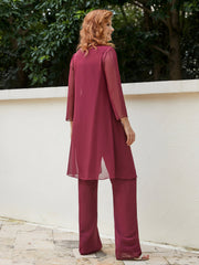 Pantsuit Chic en Mousseline Top en Dentelle avec Veste Bordeaux