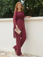Pantsuit Chic en Mousseline Top en Dentelle avec Veste Bordeaux