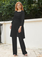 Pantsuit Chic en Mousseline Top en Dentelle avec Veste Noir Grande Taille