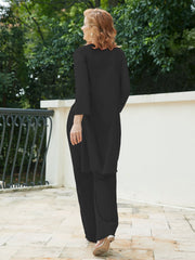 Pantsuit Chic en Mousseline Top en Dentelle avec Veste Noir Grande Taille