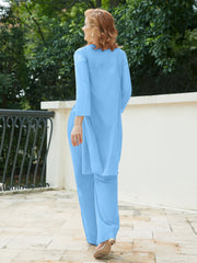 Pantsuit Chic en Mousseline Top en Dentelle avec Veste Bleu Grande Taille