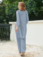 Pantsuit Chic en Mousseline Top en Dentelle avec Veste Bleu Poudré Grande Taille