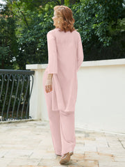 Pantsuit Chic en Mousseline Top en Dentelle avec Veste Rose Poudré Grande Taille