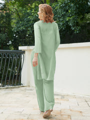 Pantsuit Chic en Mousseline Top en Dentelle avec Veste Sauge Poudrée