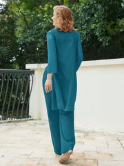 Pantsuit Chic en Mousseline Top en Dentelle avec Veste Bleu Encre Grande Taille