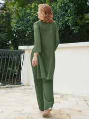 Pantsuit Chic en Mousseline Top en Dentelle avec Veste Olive Verte
