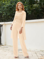 Pantsuit Chic en Mousseline Top en Dentelle avec Veste Pêche Grande Taille