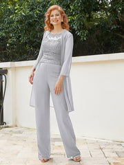 Pantsuit Chic en Mousseline Top en Dentelle avec Veste Argent Grande Taille