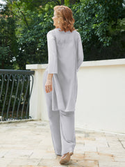Pantsuit Chic en Mousseline Top en Dentelle avec Veste Argent