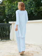 Pantsuit Chic en Mousseline Top en Dentelle avec Veste Bleu Ciel Grande Taille