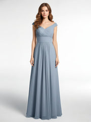 Robe Longue à Hors de l'Épaule et Col en V avec Poches Bleu Poudré